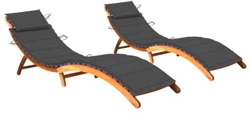 SooIarix Anthracite Solid Acacia Wood Sun Lounger with Cushions, Foldable Outdoor Lounge Chair for Patio Garden, Weather-Resistant Recliner Beach Pool Lounger