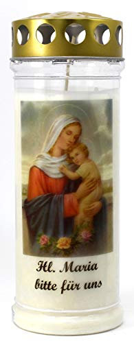 Kerzen Junglas - Grabkerze Madonna, Hl. Maria mit 7 Tagen Brenndauer, (3707), Grabschmuck wetterfest mit Deckel, Trauerkerzen mit Spruch, Friedhofskerzen
