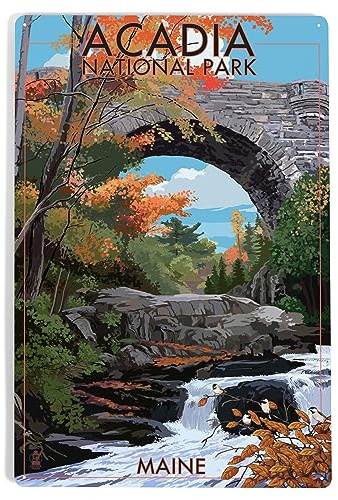 Lantern Press Acadia National Park, Maine, Stone Bridge, 12x18 Inch Aluminum Sign, Indoor or Outdoor Use