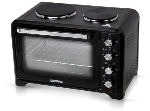 GEEPAS 38L Mini Oven with 2 Hot Plates | Tabletop Electric Oven with Rotisserie Convection | 1600W Temp Control 100–230°C Double Glass Door 60min Timer Auto Shut Off | Compact for Dorm Caravan Kitchen