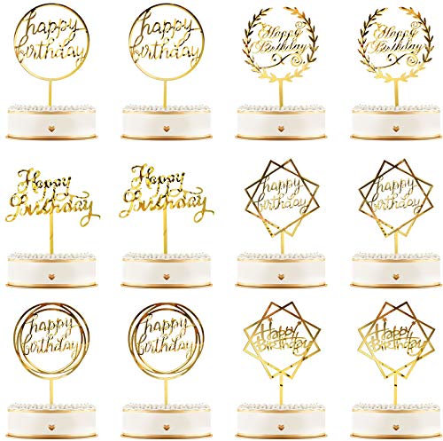 12 Pieces Happy Birthday Cake Topper Acrylic Birthday Cupcake Topper Cake Pick Decorations for Birthday Party Cake Desserts Pastries, 6 Styles (Gold)