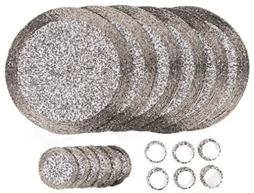 Penguin Home® Platzsets, Untersetzer und Serviettenringe mit Glasperlen – Silber und Weiß – runde Tischsets – handgefertigt von erfahrenen indischen Kunsthandwerkern – Durchmesser – 32 cm