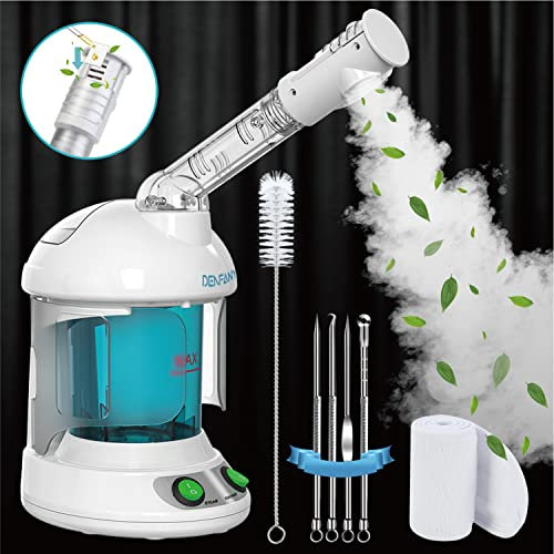 Denfany Facial Steamer - Nano Ionic Face with 360 Degree Rotatable Sprayer, Portable for Personal Care Use at Home or Salon, Bonus 1 Piece Spa Headband 4 Stainless Steel Skin Kit, White