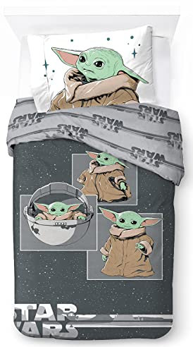 Jay Franco Star Wars Mandalorian Curious Child 100% Baumwolle Kinderbettwäsche-Set 135x200 cm Einzelbettgröße - Bettbezug + Kissenbezug 50x70 cm