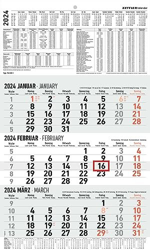 ZETTLER 3 Monatskalender 2024, im Format 30 x 48,8 cm (geöffnet), Monatsplaner mit Datumschieber, Bürokalender