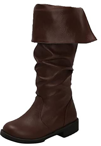 Bottes pour femme en cuir souple mi-mollet décontractées à bout rond plissées à enfiler Bottes de cowboy tendance solides à talon bas, marron, 38.5 EU