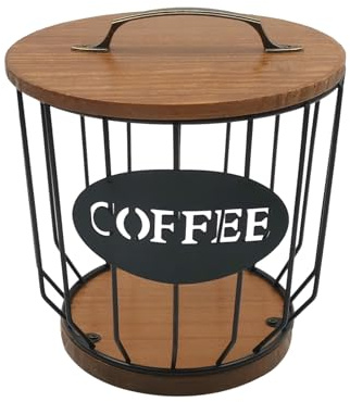 MFBJXC Round Coffee Pods Holder with Wooden Lid and Base,Wire Coffee Pods Storage Basket for Home Cafe Bar Countertop Decor(Black)