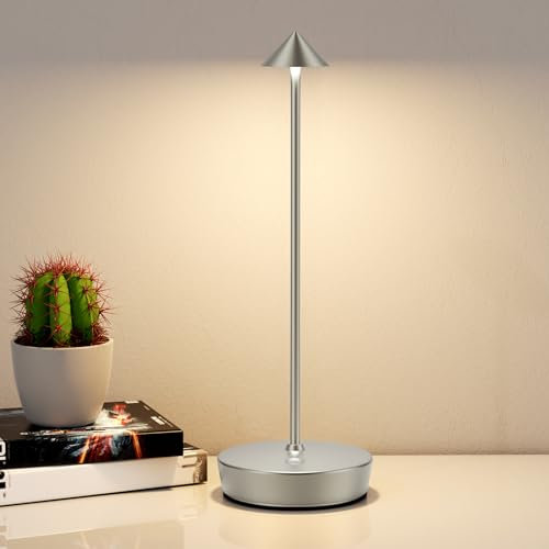 YIKUI LED Akku Tischlampe Kabellos, 6000 mAh Batterie mit Dimmbar 3 Farbmodi, IP54 wasserdicht für Garten Esstisch Schlafzimmer Balkon Hotel (chrome)