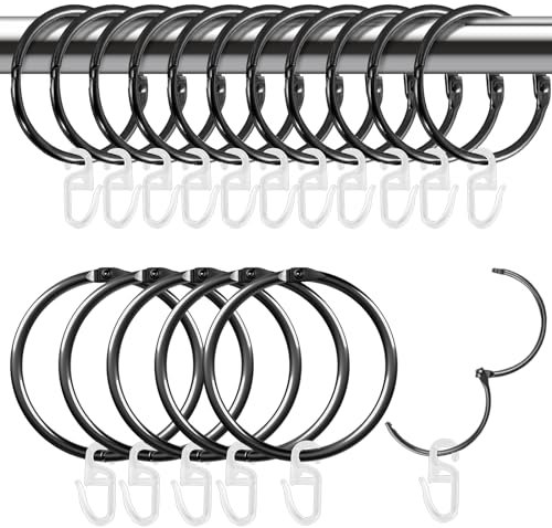 Hengxinchen 15 Stück 50MM Gardinenringe mit 30 Stück Kunststoff Gardinenhaken, Vorhangringe Metall,Gardinenhaken für Ringe,Vorhang Ringe,Gardinen Ringe für Stange Vorhänge und Gardinenstangen(schwarz)