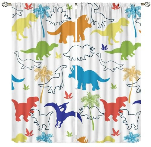Dinosaur Kids Curtains, Cartoon Colorful Dino Blackout Window Treatments for Boys Girls Children Nursery Living Room Bedroom, Wildlife Safari Animal Patterned Print Drapes 2 Panel Sets,42x45 Inch