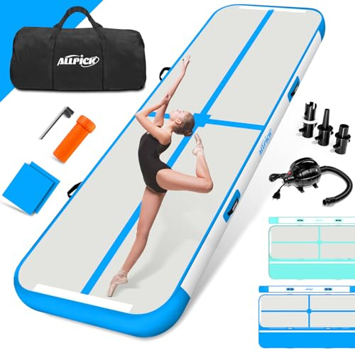 ALLPICK Turnmatte Aufblasbar mit elektrischer Luftpumpe, Länge 3/4/5/6 m Trainingsmatte, 10/20 cm hoch Tumbling Matte, Doppelseitiges Design Aufblasbar für Gymnastikmatte, Yoga -Blau 300*100*10 cm