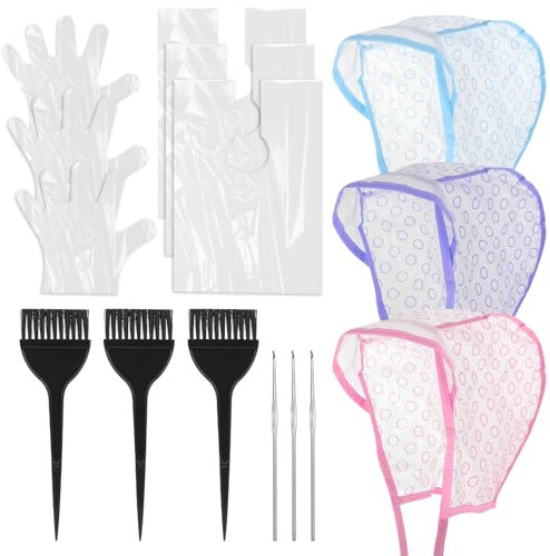 Bewudy Strähnchenhaube, 15 Stück Haarefärben Zubehör Einstellbar Färbung Hervorhebung Kappe für Frauen Mädchen, Strähnchenhaube Cap für Haus mit Haken Haarfärbepinsel Haarfärbeschal Handschuhe