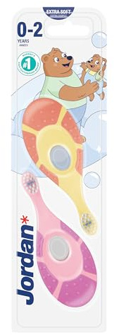 Jordan ® – Lot de 2 brosses à dents pour bébé étape 1 – 0 à 2 ans – Brosse à dents originale pour tout-petits avec poils extra doux et anneau de dentition doux pour les gencives de bébé et prise en