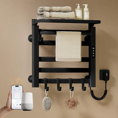 EMKE Elektrischer Handtuchheizkörper 50x50 cm, 140W Handtuchwärmer mit WLAN-App-Steuerung, Kohlefaser Badheizkörper Elektrisch mit klappbarer Ablage & 6 Haken, IPX5, Schwarz