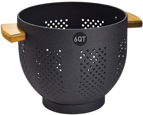 Colander for Kitchen, 6 QT Metal Colander with Wood Handle, Essentials Kitchen Gadgets Strainers and Colanders Food Strainer Basket for Draining Pasta Strainer, Vegetable & Fruit, Black