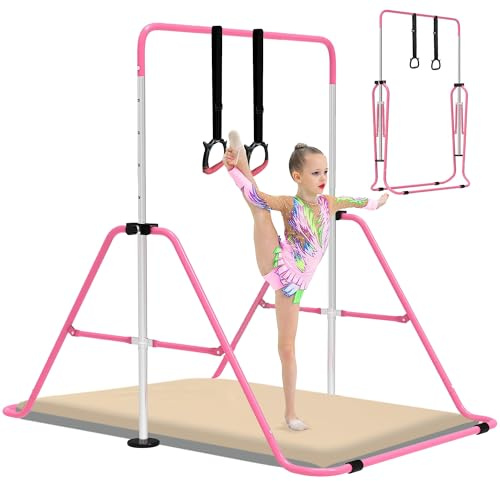 EVERYMILE Gymnastics Bars With Self-Inflating Mat,50mm Thick Inflatable Pad No Air Pump Needed Gymnastics Equipment for Home,Adjustable Height Folding Horizontal Bar with Rings Pink