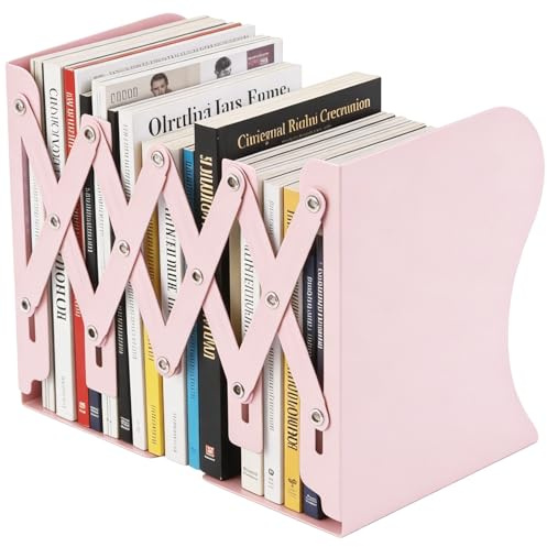 Senshuomy Book Ends,Adjustable Non-Skid Heavy Duty Book Stopper (Pink) | Metal Bookends,Bookends Holder for Shelves,Decorative Book Dividers for Library Home Classroom School Office