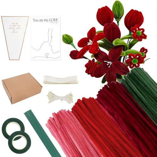 Rot Pfeifenputzer zum Basteln Set,400 StückPfeifenreiniger4 Farben BlumenstrauBPfeifenreiniger Blumen mit Geschenkband,Klebeband,Staubblätter für DIY Valentinstag Geschenke und Dekorieren(Rose)