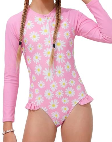 JiAmy Girls Swimsuit Swimming Costume Long Sleeve One-Piece UV Protection Swimwear Summer Rash Guard Bathing Suits Pink Flowers 4-5 Years