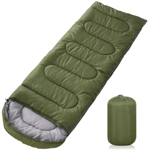 JUQG Saco de Dormir Portátil Verde, 220x85cm Impermeable Saco de Dormir de 3 Estaciones con Bolsa de Compresión para Camping, Senderismo, Actividades al Aire Libre