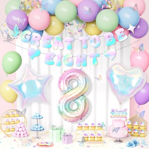Ballonger för 8-årets födelsedag, pastell födelsedagsdekorationer för flickor och banderoller, färgglada makaronballonger, 8-stjärna, skimrande Macaron-ballonger, festdekorationer för 8 år flickor