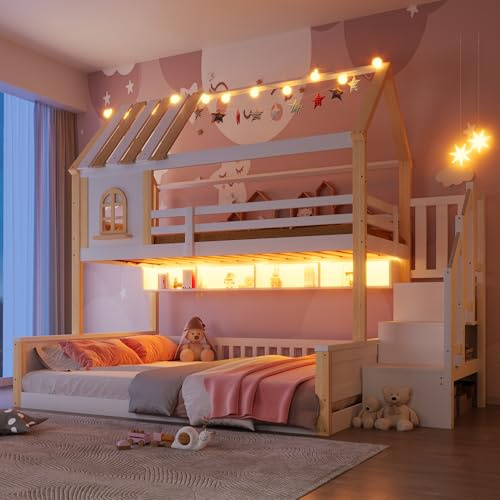 Ktipm Litera de 90(140) x200 cm con LED y Diseño de Casa, Cama Infantil con Compartimentos Abiertos y Escalera Almacenaje, Cama Litera Matrimonio con Protección Anticaída, Sin Colchón, Blanco+Natural