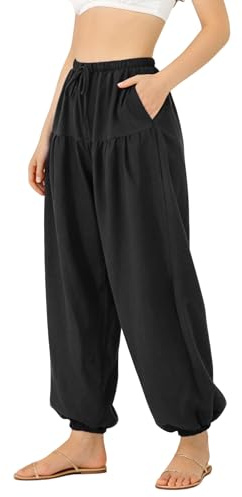 Neteson Pantalon Harem Femme Été Léger Large Pantalon Sarouel Yoga Bohème | Taille Haute Pantalon Bouffant Élastique avec Poches pour Pilates Plage