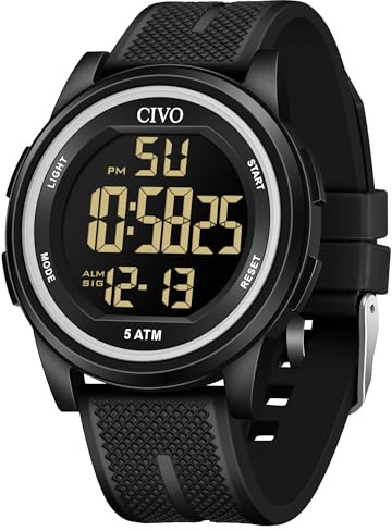 CIVO Montre Femme Homme Digitale: Sport Étanche Ultra-Mince à Affichage LED | Montre Grand Cadran 44 mm pour Poignets Amples - Bracelet Silicone Souple avec Alarme et Chronomètre pour Outdoor et Loisirs