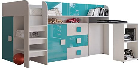 MEBLE KRYSPOL Toledo 1 Hochbett für Kinder, Jugendliche mit Stauraum - Etagenbett mit Schreibtisch, Kleiderschrank, Regal, Schubladen, Treppe - 203,3x106,6x125 cm - Weiß, Türkis, Weiß + Türkis