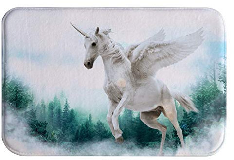 A.Monamour Badematten Badteppiche Badvorleger Fantasie Einhorn Fliegt Durch Neblige Grüne Waldbäume Hintergrund Weich Saugfähigen Flanell rutschfeste Bodenteppichbereich Teppiche Innenmatte 40x60cm