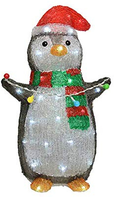 Kaemingk Figura Luminosa in Acrilico Pinguino con Cappello Babbo Natale LED Bianco Freddo 45cm 1 Pezzo