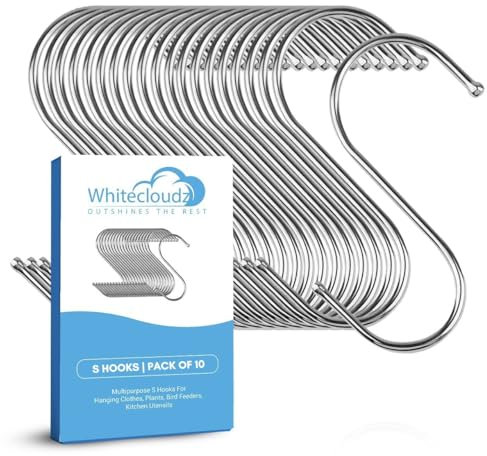 WHITECLOUDZ 10Pack Silver Heavy Duty S Hooks for Hanging, Durable Wall Hangings Hooks, Stainless Steel Hooks for Hanging Clothes, Kitchen Hooks for Utensils, Ceiling Hooks for hangings Plants,(8.4cm)