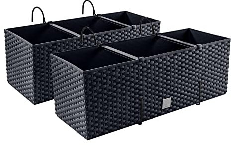 PAFEN 2X Blumenkasten Blumentopf Rattan-Optik mit Halterungen Pflanztopf Balkonkasten Pflanzkästen, Anthrazit