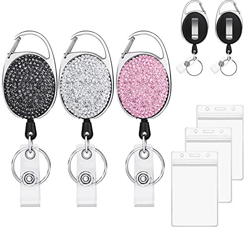 Vicloon Einziehbarer Schlüsselanhänger mit ID Kartenhalter,3 Stücke Schlüsselband Ausziehbar mit Ausweishalter, Retractable Schlüsselrolle mit Bling Strass, für Lehrer Arzt Krankenschwester