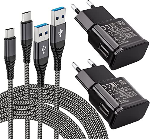 2-Pack Ladegerät mit USB C Nylon Type C Kabel 2m Schnellladekabel Kompatibel mit Samsung Galaxy S21 S20 S8 S8+ S9 S9+ S10 S10 Plus S10e A50 A51 A30 A42 5G, Ersatz-Original Schnellladegerät, Schwarz