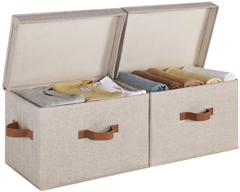 StorageWorks Wardrobe Storage Boxes with Lids, Large Fabric Boxes for Shelves, Decorative Storage Baskets with Lids for Closet Shelf Storage Organising Clothes, Brown and Beige, 2-Pack