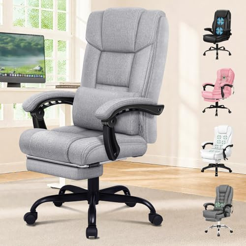 ELFORDSON Office Chair with XL Lumbar Cushion, Computer Desk Chair with Footrest, High Back 150° Recliner Tilting Function Fabric Linen, Grey