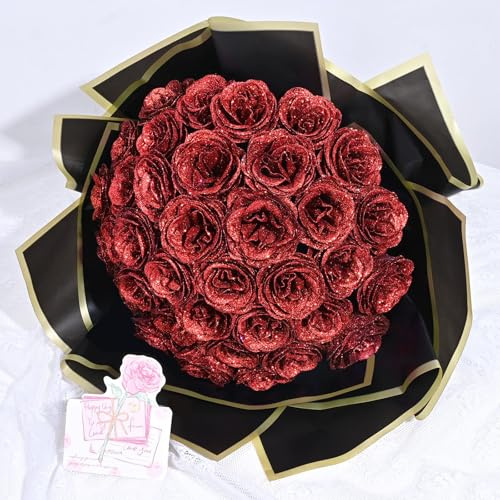 Waipfaru Glitter Roses Bouquet, DIY Fake Flowers Bouquet, Birthday Gifts for Women Mom, 24 Pcs Red Rose for Grandma Wife Girlfriend Valentines, Mothers Day, Anniversary, Graduation