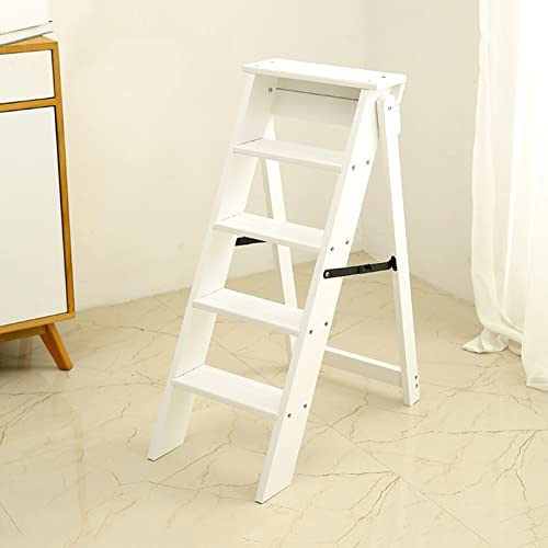 Portable Folding Wooden 5 Step Stepladder Chair - Multifunctional Kitchen Stool for Library, Bookshelf, Display Shelves - Easy to Store and Carry Foldable Ladder Steps