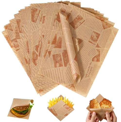 100 hojas de papel de hornear, aspecto de periódico vintage, hamburguesas, papel para hamburguesas, papel de pan, para cestas de alimentos y forros de bandejas (20 x 30 cm)