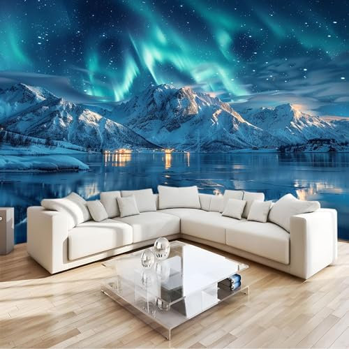 Fototapete 300x210cm XXL Wohnzimmer Schlafzimmer Wanddeko,GrüN Vlies Wandtapete Poster Deko,Korridor TV-Hintergrundwand Schneeberg Polarlichter 3D Effekt Tapete