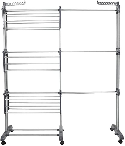 WODFARR Séchoir à Linge, Tour de Séchage, Étendoir Vertical 4 Niveaux, étendoir Pliable Ailes latérales Utilisation intérieure et extérieure,75-142,5 * 64 * 170cm (Gris)