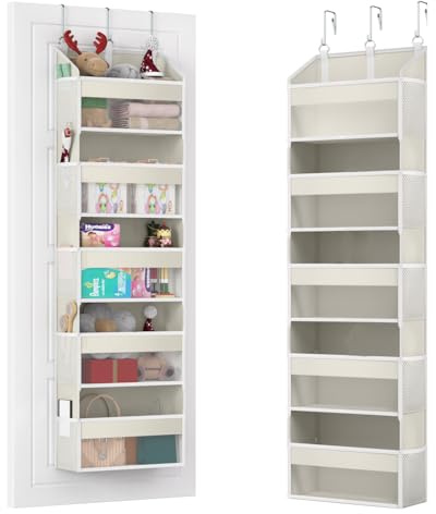 Over Door Organiser with 5 Front & 10 Mesh Side Pockets, 50LB Weight Capacity Hanging Storage Organiser Multi-Room Space-Saving Design with 3 Sturdy Hook for Closet, Bathroom, Kitchen, Pantry, Beige