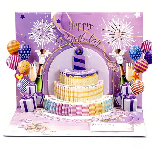 Lwuey Biglietto di compleanno musicale con fuochi d'artificio, buon compleanno, musica, candele, palloncini, decorazione realistica, vivace torta soffiabile con numeri di età, biglietto di auguri