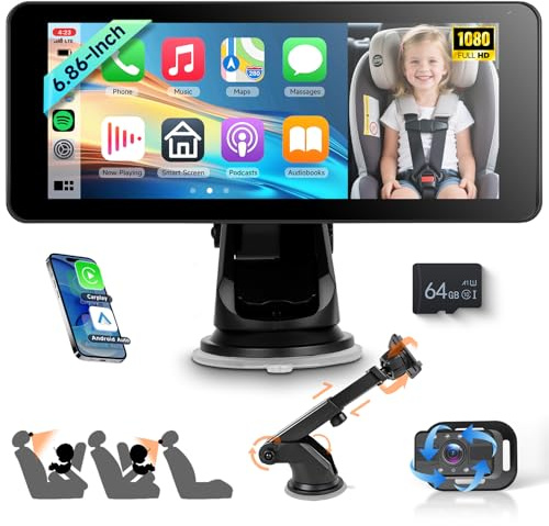 VECHTEL Sedile posteriore per bambini telecamera con schermo diviso da 6,86 pollici HD 720P,on Carplay Android Auto, telecamera auto con visione notturna e rotazione a 360,con a ventosa/64 GB SD