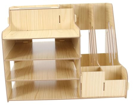 STOBAZA Organizador de Archivos de Oficina Múltiples Compartimentos Estantería de Madera Color Original Estante para Documentos y Accesorios de Escritorio Adecuado para Mantener Orden