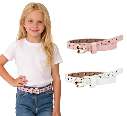 ZUIMEIHQH 2 Pack Girls Belt, Kids Belt Skinny PU Leather with Heart Cutout, Adjustable Thin Waist Belt with Alloy Buckle for Jeans Dresses School Outfits