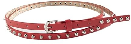 VMDVBNA Cinturón de Remaches Cinturón negro vintage punk con hebilla de metal for mujer, piel sintética decorativa, estilo hip hop, 168 cm largo(Red)