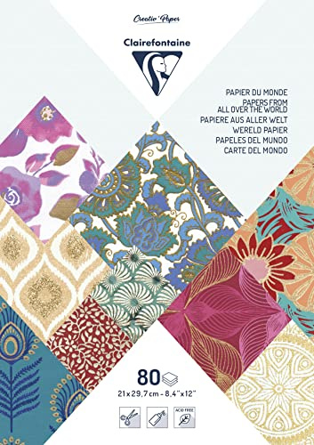 Clairefontaine - Maxi-Bloc de 80 Feuilles de Papiers Artisanaux Format A4 21x29,7cm - Loisirs Créatifs - Carterie Créative, Scrapbooking et Décoration - Motifs Assortis - 95218C