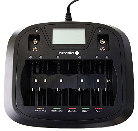 everActive Ladegerät für 8 Akkus AAA AA C D 9V, universal und schnell, vollautomatisch, LCD mit prozentualen Batteriestandsanzeiger, Modell: NC-900U